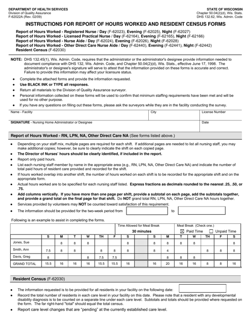 Form F-62022A Instructions for Report of Hours Worked and Resident Census Forms - Wisconsin