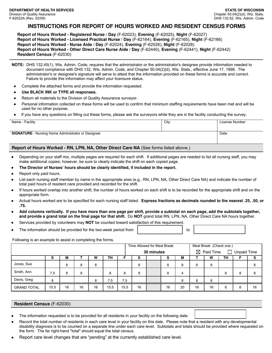 Form F-62022A Instructions for Report of Hours Worked and Resident Census Forms - Wisconsin, Page 1