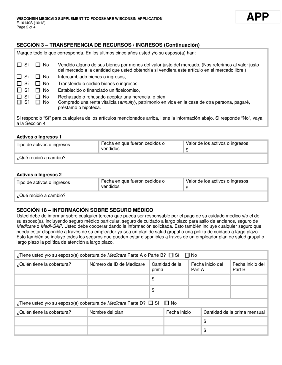 Formulario F-10140 Wisconsin Medicaid Suplemento De La Solicitud De Foodshare - Wisconsin (Spanish), Page 2