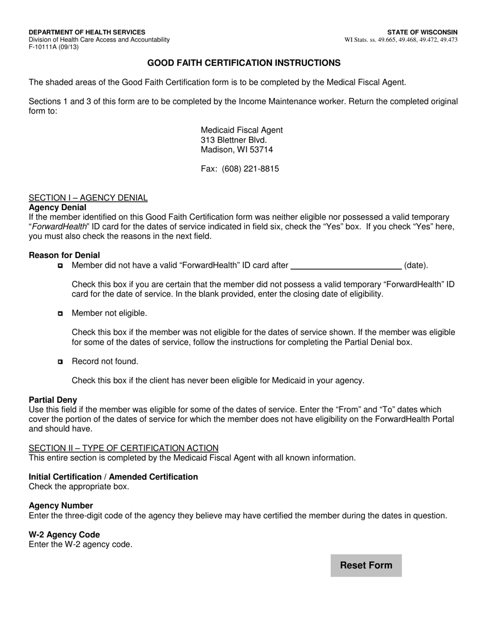 Instructions for Form F-10111 Good Faith Certification - Wisconsin, Page 1