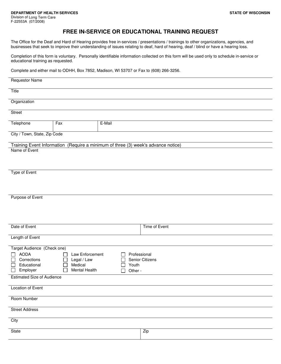 Form F-22553 Free In-Service or Educational Training Request - Wisconsin, Page 1
