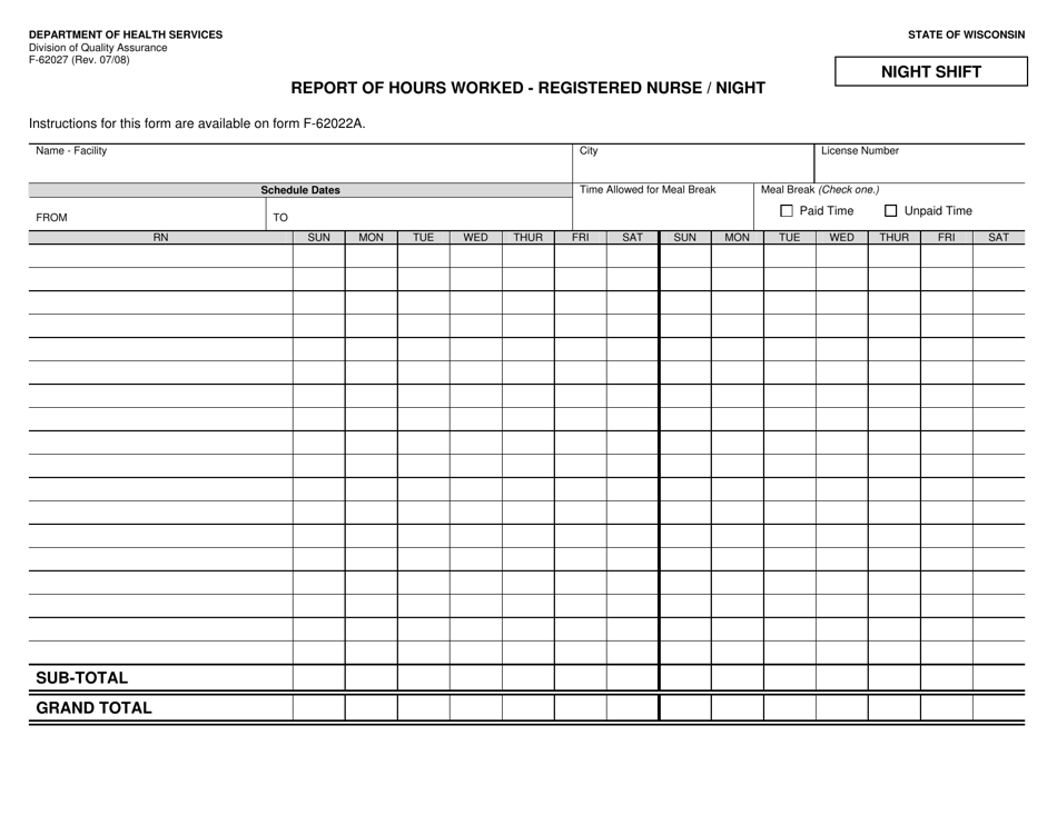Form F-62027 Report of Hours Worked - Registered Nurse / Night - Wisconsin, Page 1