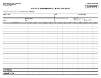 Document preview: Form F-62028 Report of Hours Worked - Nurse Aide/Night - Wisconsin