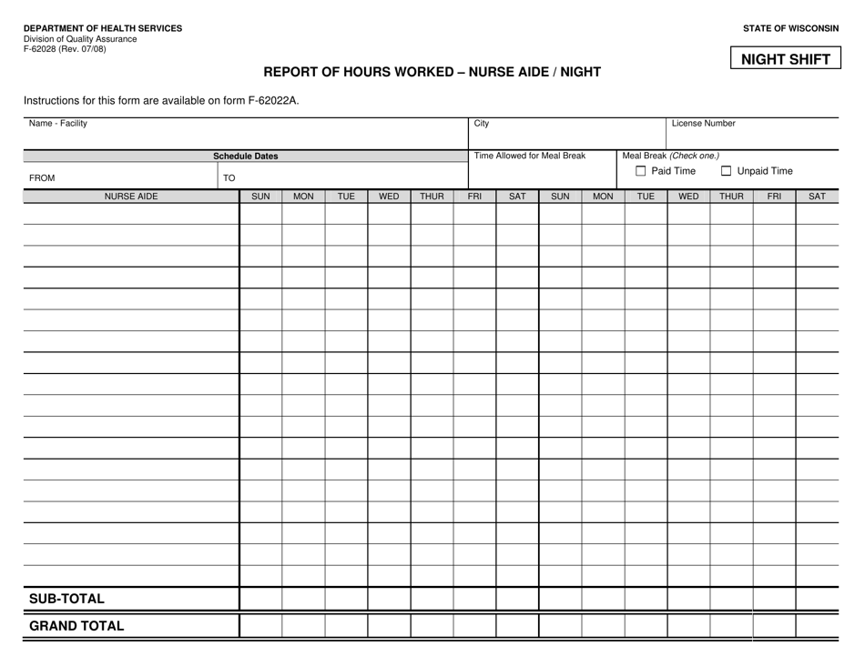 Form F-62028 Report of Hours Worked - Nurse Aide / Night - Wisconsin, Page 1