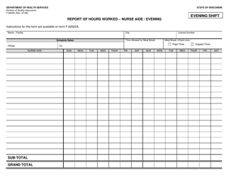 Document preview: Form F-62026 Report of Hours Worked - Nurse Aide/Evening - Wisconsin