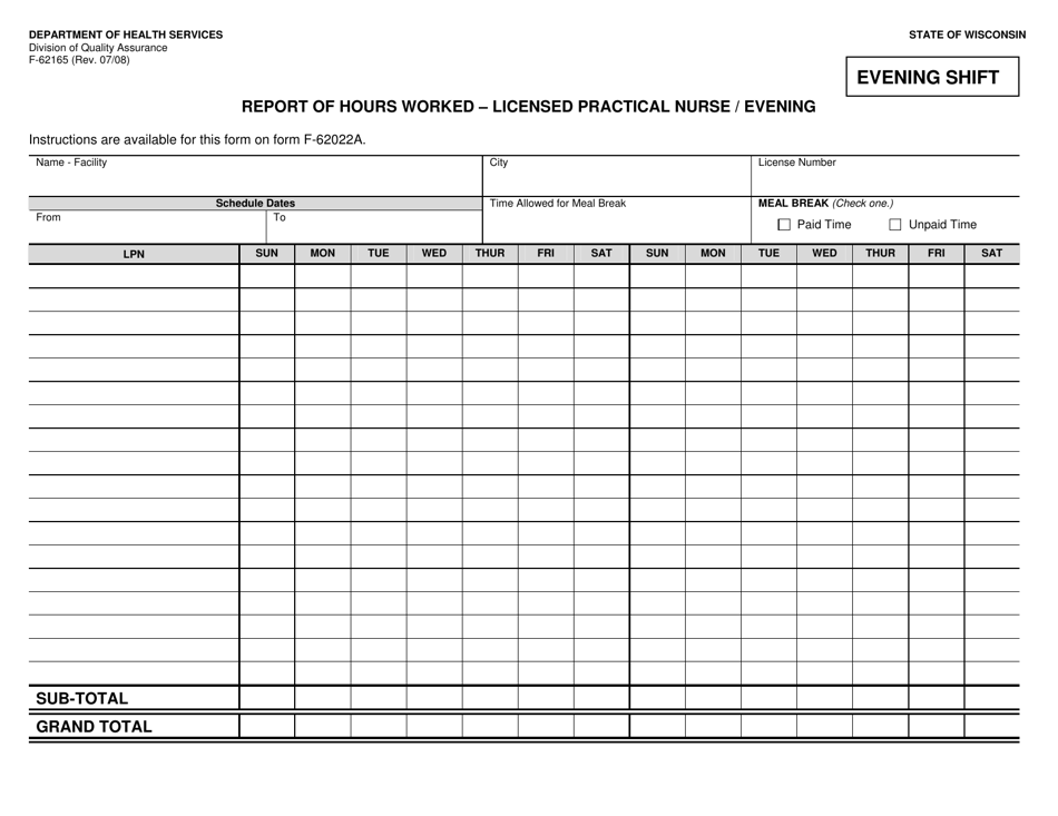 Form F-62165 Report of Hours Worked - Licensed Practical Nurse / Evening - Wisconsin, Page 1