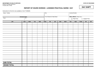 Document preview: Form F-62164 Report of Hours Worked - Licensed Practical Nurse/Day - Wisconsin