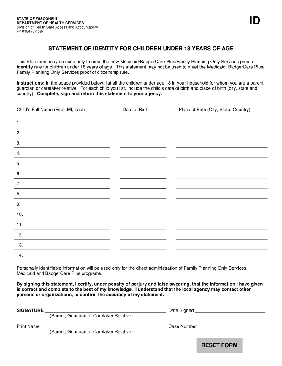 Form F-10154 Statement of Identity for Children Under 18 Years of Age - Wisconsin, Page 1