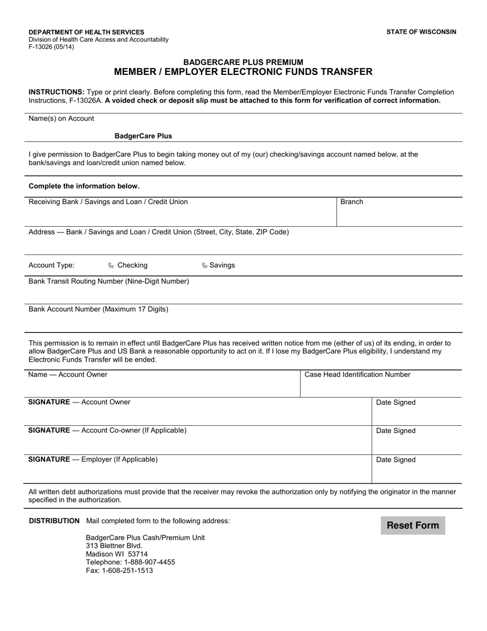 Form F-13026 Badgercare Plus Premium Member / Employer Electronic Funds Transfer - Wisconsin, Page 2