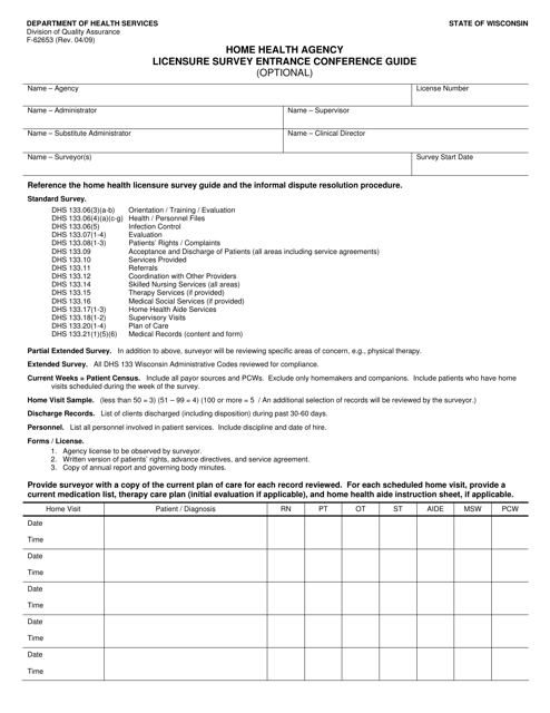 Form F-62653 Home Health Agency Licensure Survey Entrance Conference Guide - Wisconsin
