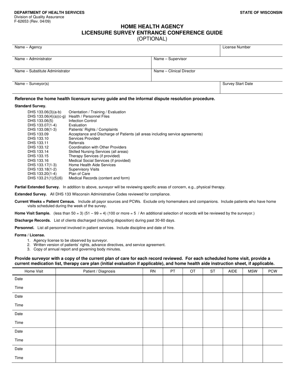 Form F-62653 Home Health Agency Licensure Survey Entrance Conference Guide - Wisconsin, Page 1