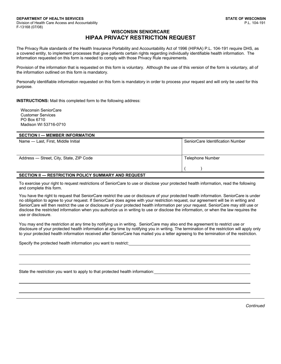 Form F-13168 HIPAA Privacy Restriction Request - Wisconsin, Page 1