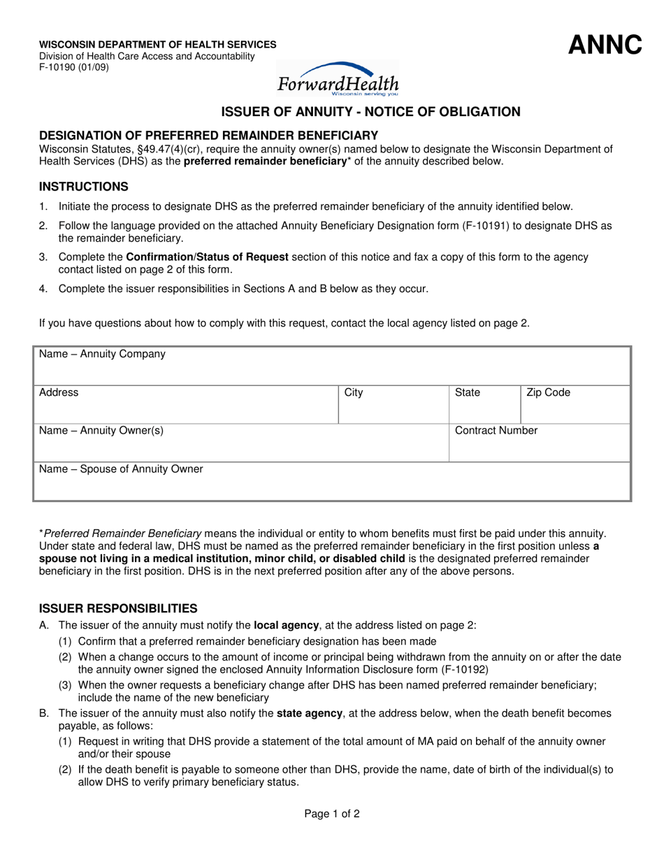 Form F-10190 Medicaid Issuer of Annuity - Notice of Obligation - Wisconsin, Page 1