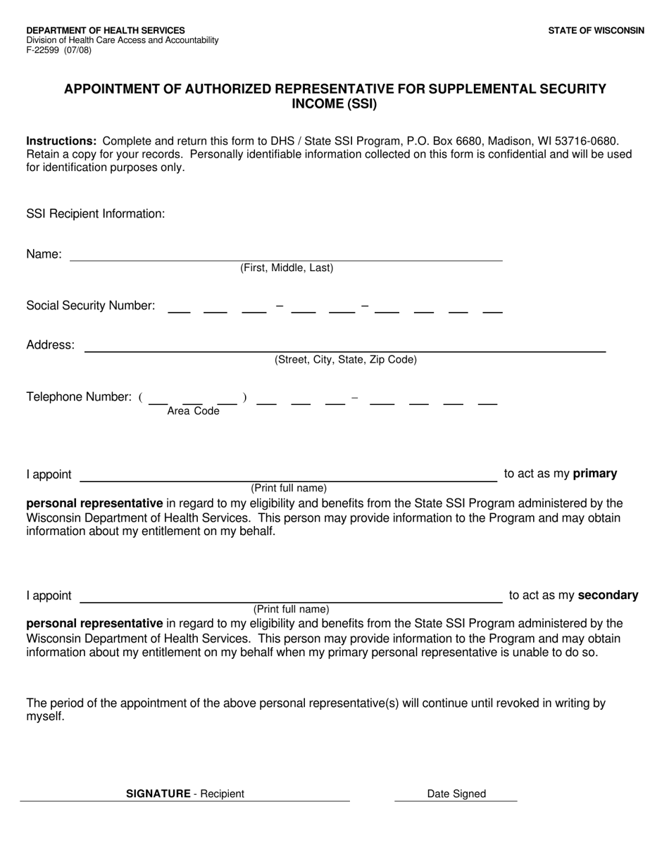 Form F-22599 Appointment of Authorized Representative for Supplemental Security Income (Ssi) - Wisconsin, Page 1
