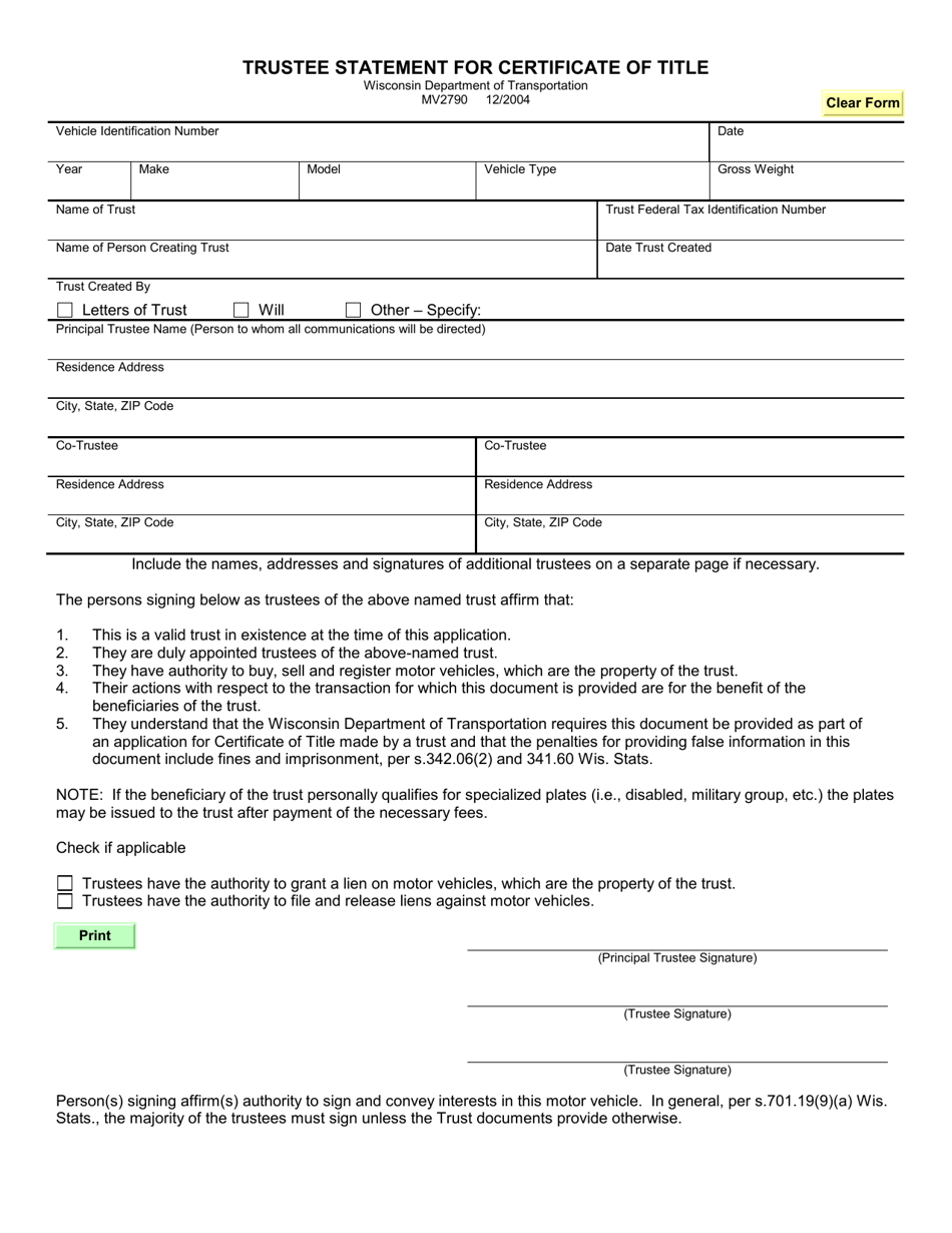 Form MV2790 Trustee Statement for Certificate of Title - Wisconsin, Page 1