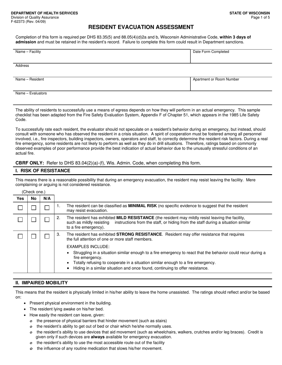Form F-62373 Resident Evacuation Assessment - Wisconsin, Page 1