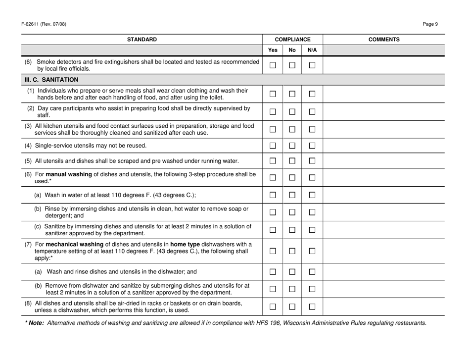 Form F-62611 Family Adult Day Care Certification Standards Checklist - Wisconsin, Page 9