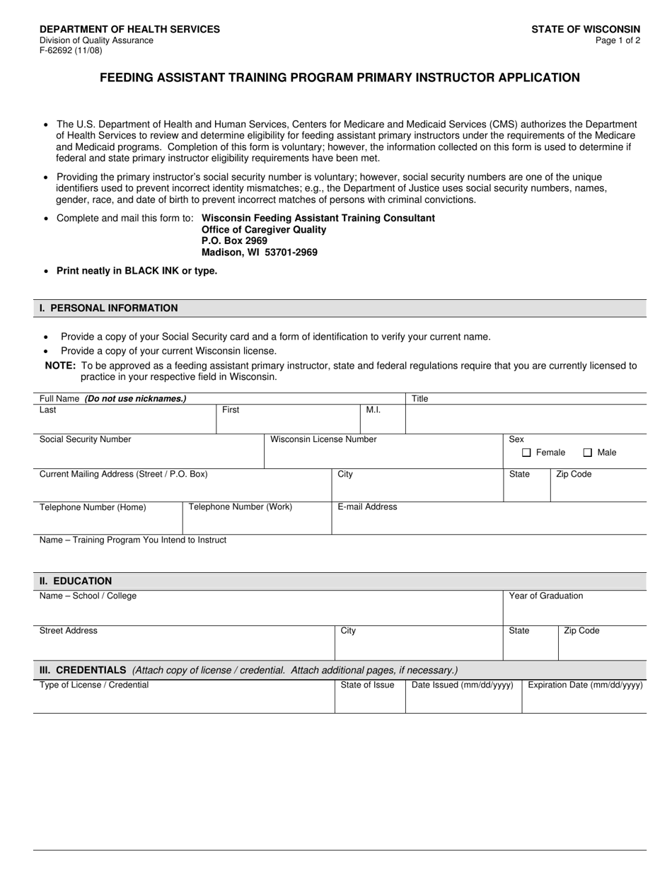 Form F-62692 Feeding Assistant Training Program Primary Instructor Application - Wisconsin, Page 1