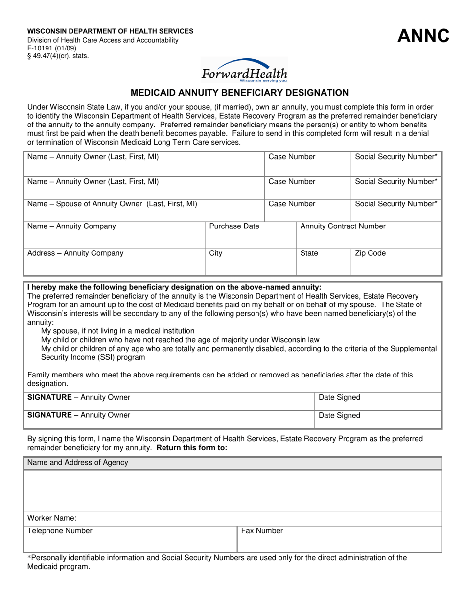 Form F-10191 Medicaid Annuity Beneficiary Designation - Wisconsin, Page 1