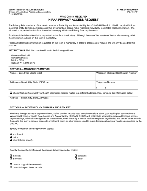 Form F-13148 HIPAA Privacy Access Request - Wisconsin