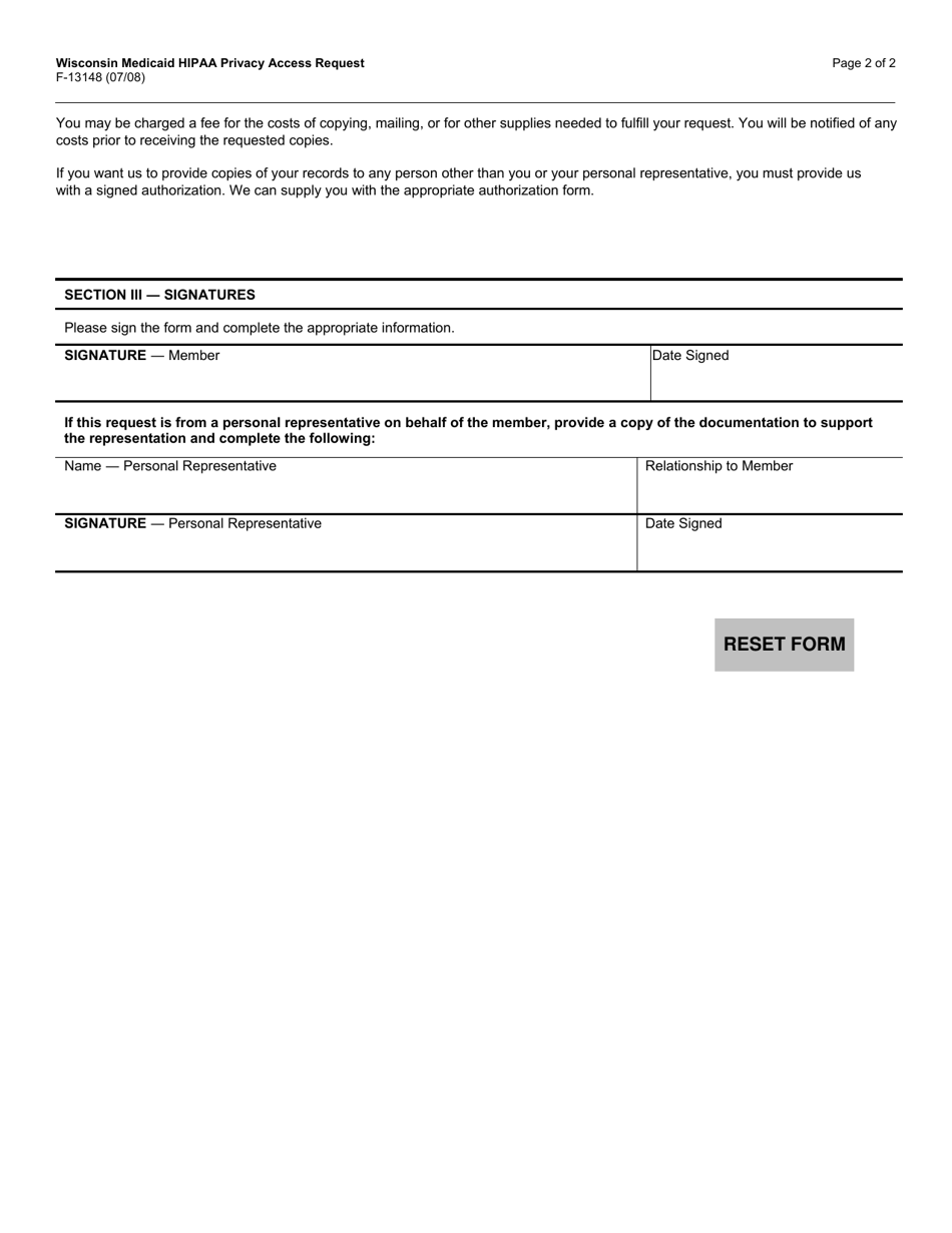 Form F-13148 HIPAA Privacy Access Request - Wisconsin, Page 2