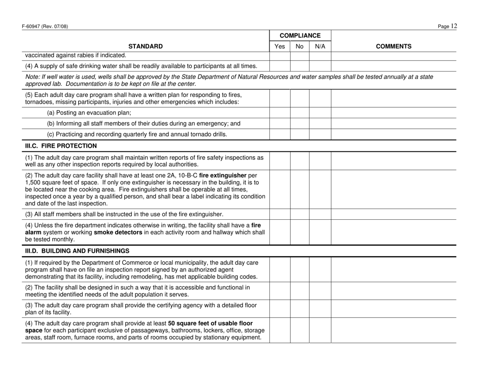Form F-60947 Adult Day Care Certification Standards Checklist - Wisconsin, Page 12