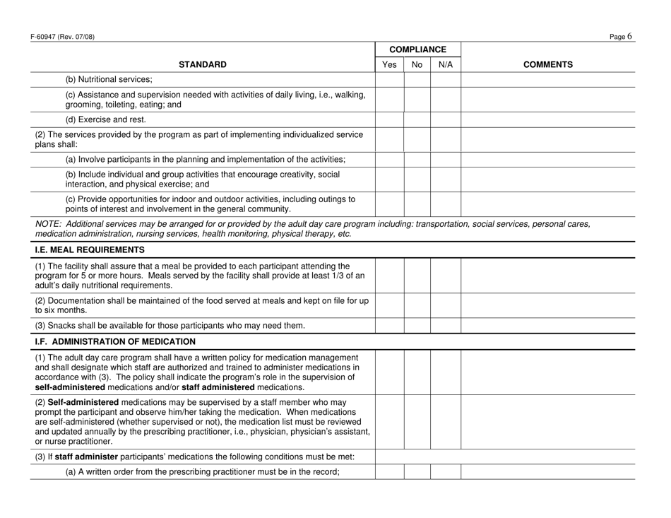Form F-60947 Adult Day Care Certification Standards Checklist - Wisconsin, Page 6