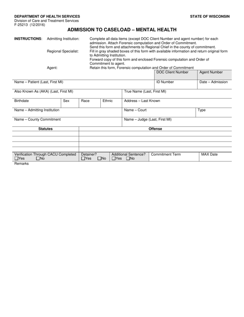 Form F-25213 Admission to Caseload - Mental Health - Wisconsin