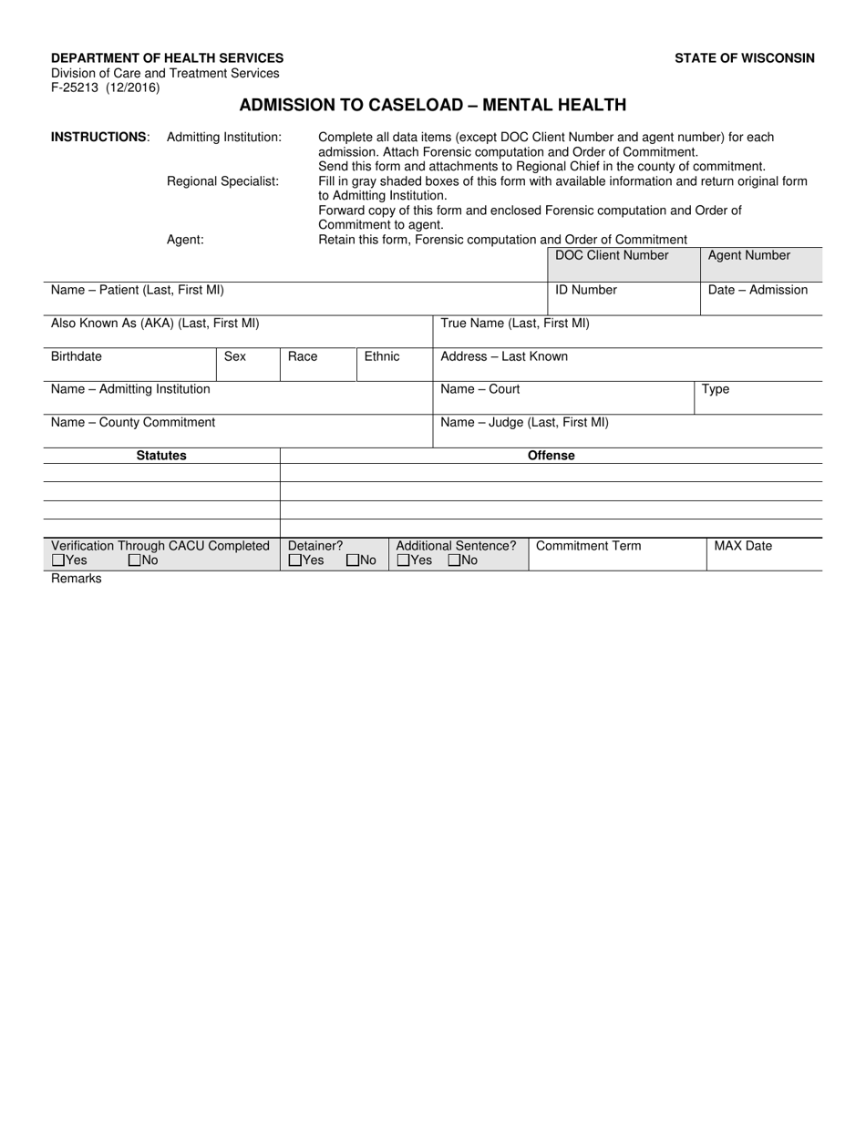Form F-25213 Admission to Caseload - Mental Health - Wisconsin, Page 1