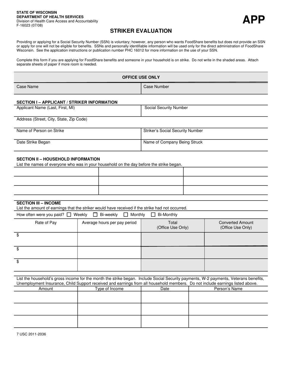 Form F-16023 Striker Evaluation - Wisconsin, Page 1