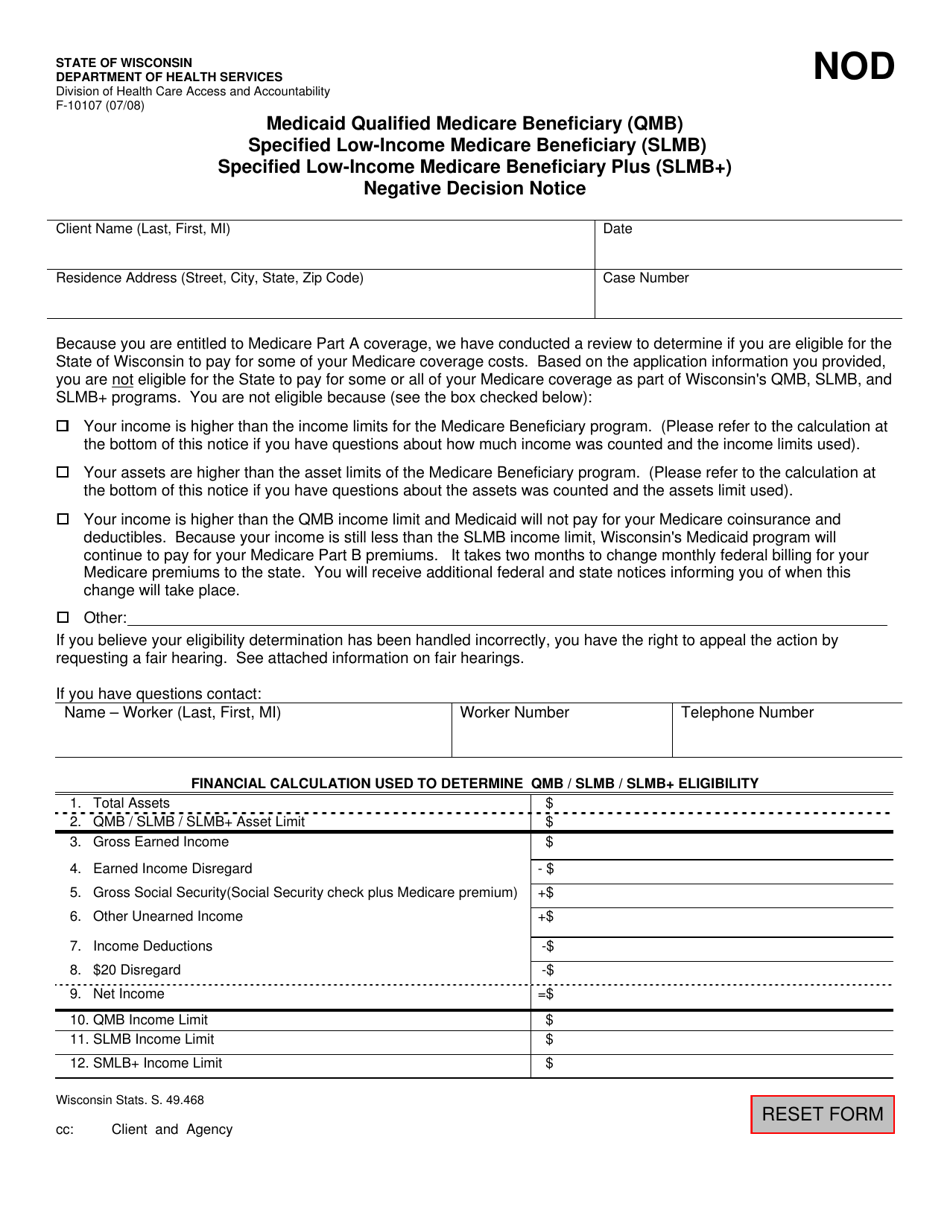 Form F-10107 Medicaid Qualified Medicare Beneficiary (Qmb) / Specified Low-Income Medicare Beneficiary (Slmb) / Specified Low-Income Medicare Beneficiary Plus (Slmb+) Negative Decision Notice - Wisconsin, Page 1