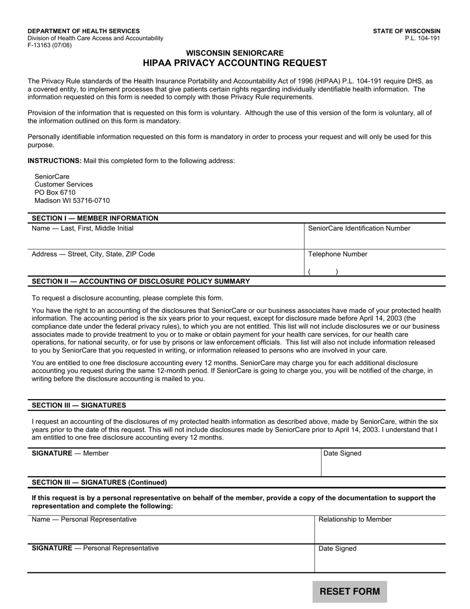 Form F-13163 HIPAA Privacy Accounting Request - Wisconsin, Page 1