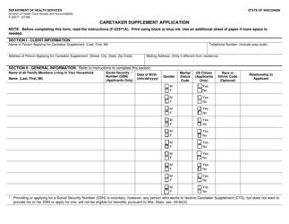 Form F-22571 Caretaker Supplement Application - Wisconsin