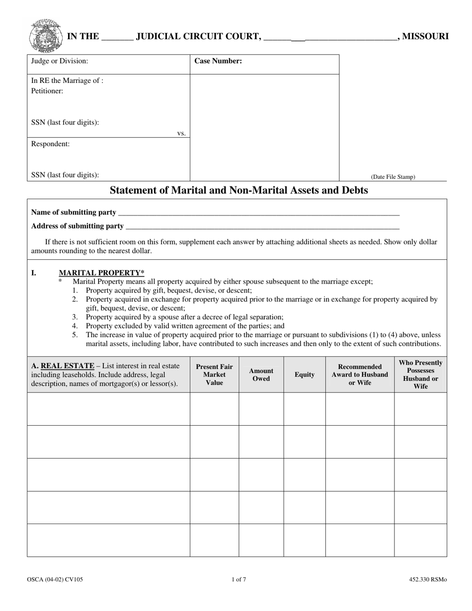 Form CV105 Statement of Marital and Non-marital Assets and Debts - Missouri, Page 1