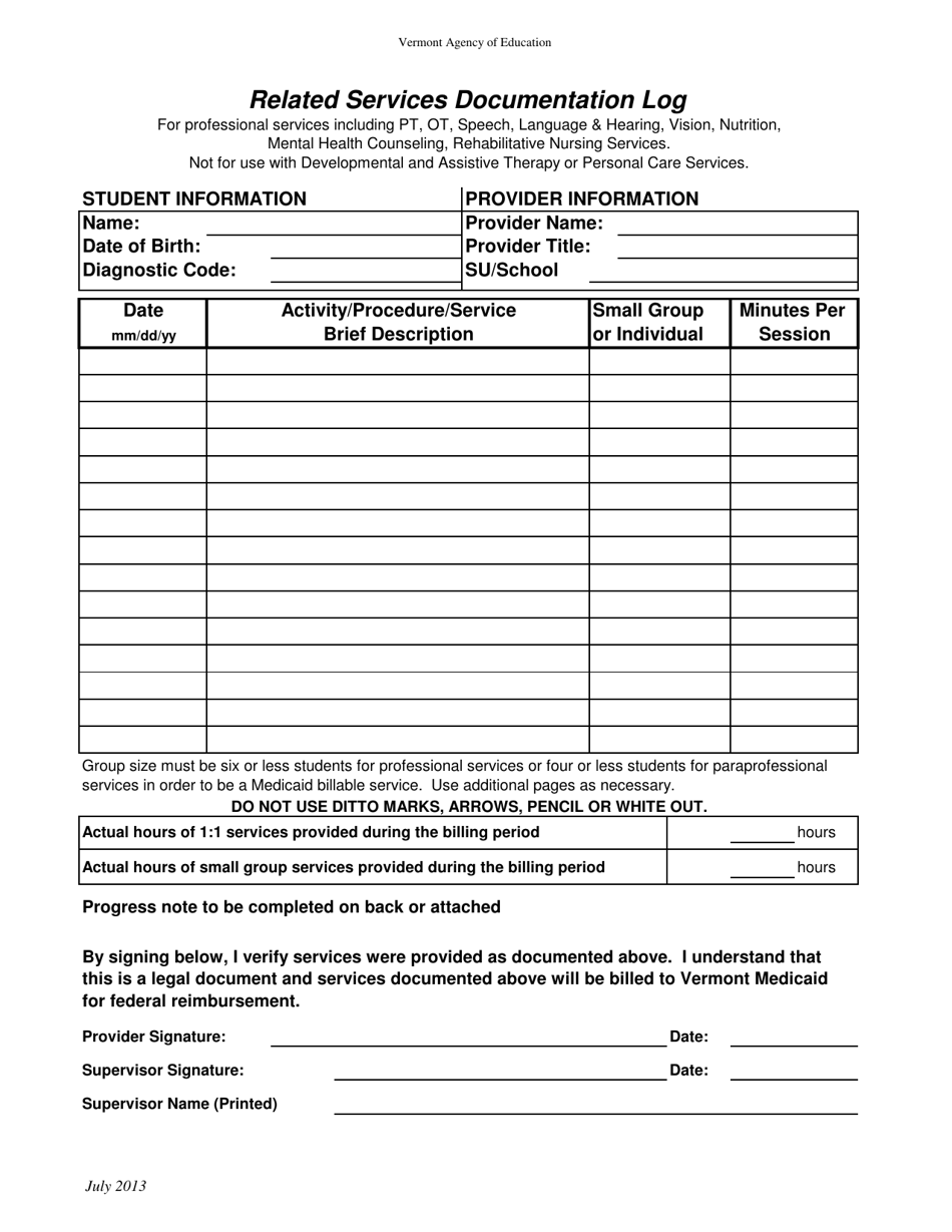 Related Services Documentation Log - Vermont, Page 1