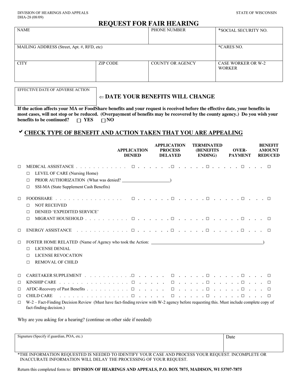 Form DHA-28 Request for Fair Hearing - Wisconsin (English / Hmong), Page 1