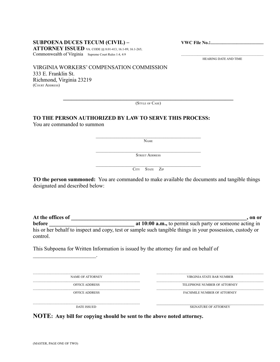 Subpoena Duces Tecum (Civil) - Attorney Issued - Virginia, Page 1