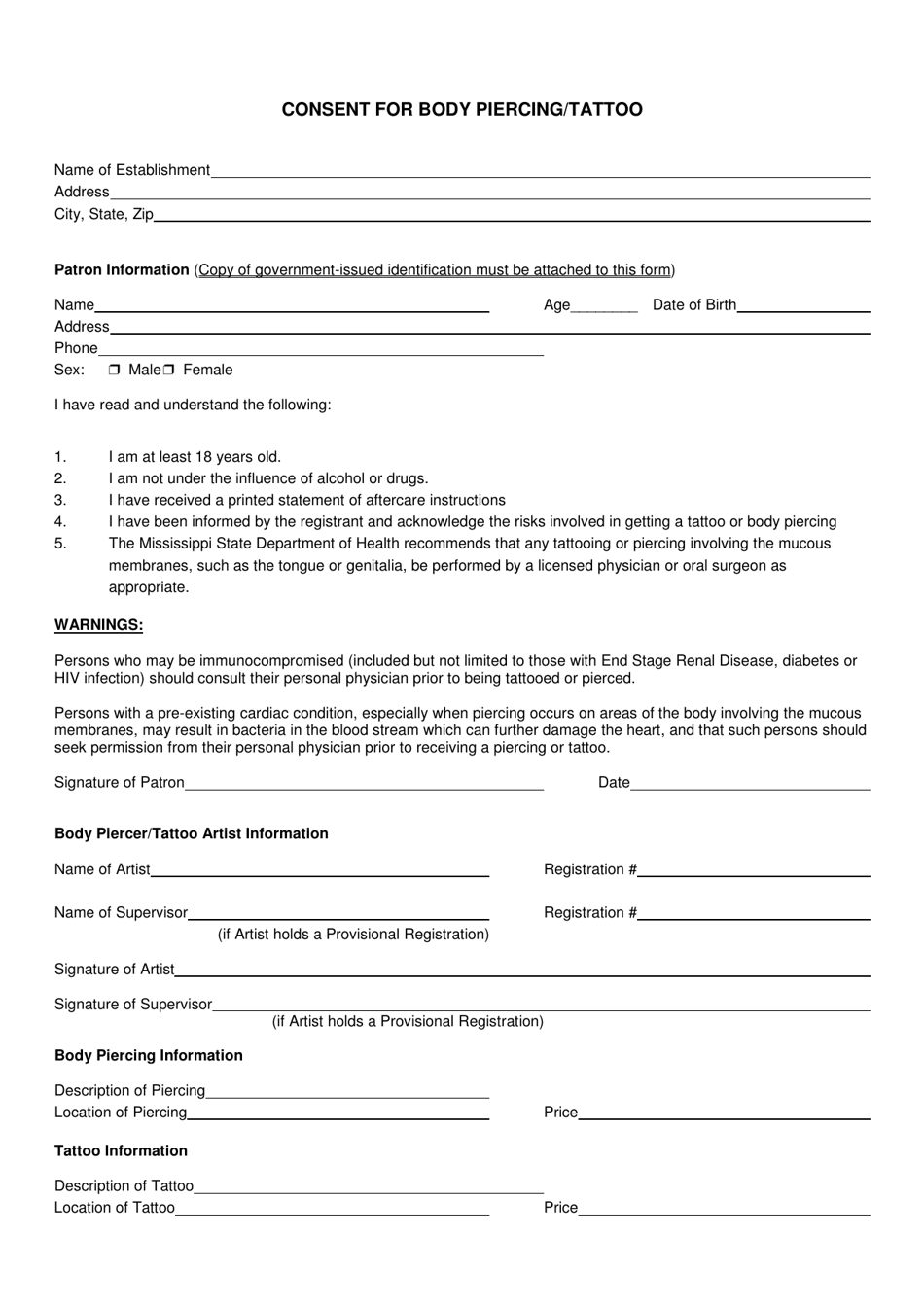 Consent for Body Piercing / Tattoo - Mississippi, Page 1