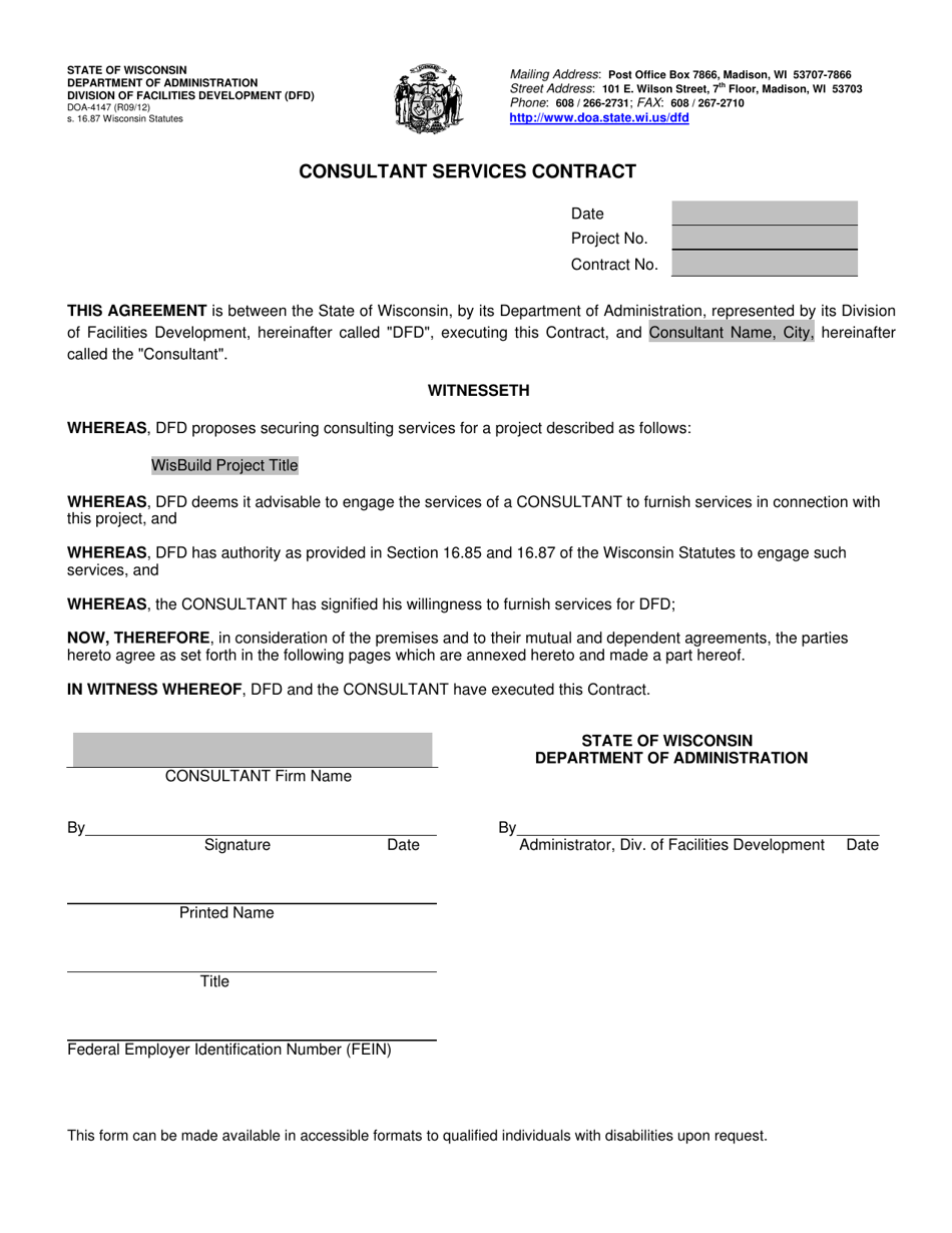 Form DOA-4147 Consultant Services Contract - Wisconsin, Page 1
