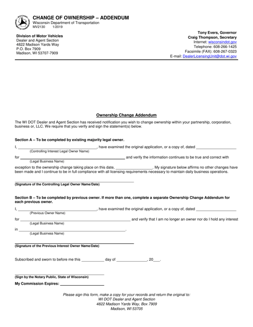 Form MV2130 Ownership Change Addendum - Wisconsin