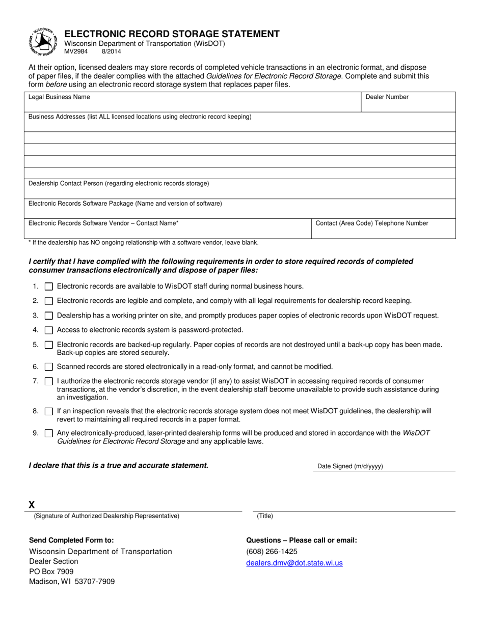 Form MV2984 Electronic Record Storage Statement - Wisconsin, Page 1