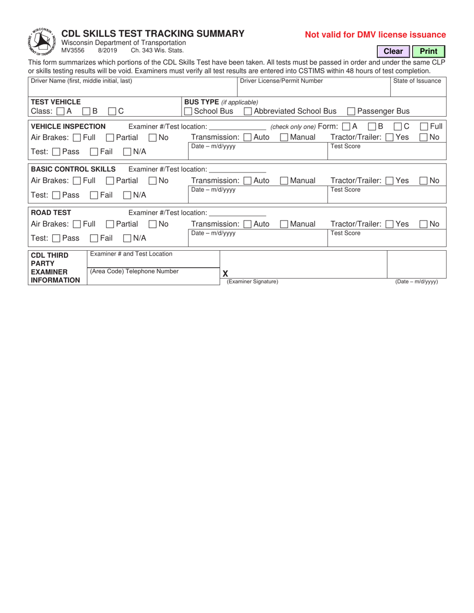 Form MV3556 Cdl Skills Test Tracking Summary - Wisconsin, Page 1