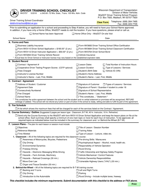 Form MV3757 Driver Training School Checklist - Wisconsin