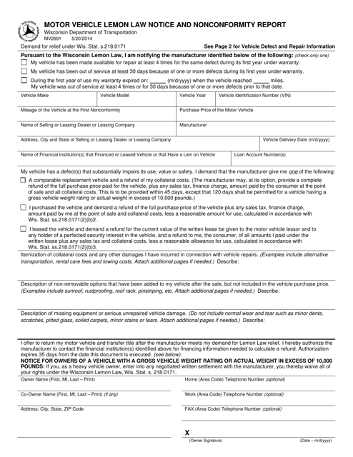 Form MV2691 Motor Vehicle Lemon Law Notice and Nonconformity Report - Wisconsin