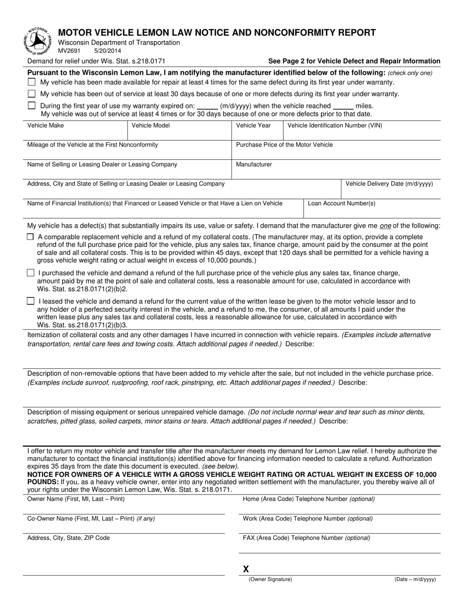 Form MV2691 Motor Vehicle Lemon Law Notice and Nonconformity Report - Wisconsin, Page 1