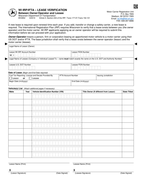 Form MV2852 Wi Irp/Ifta - Lease Verification Between Owner/Operator and Lessee - Wisconsin