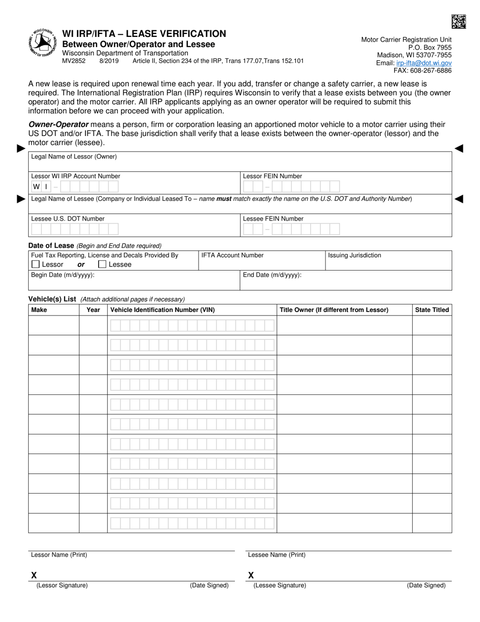 Form MV2852 Wi Irp / Ifta - Lease Verification Between Owner / Operator and Lessee - Wisconsin, Page 1
