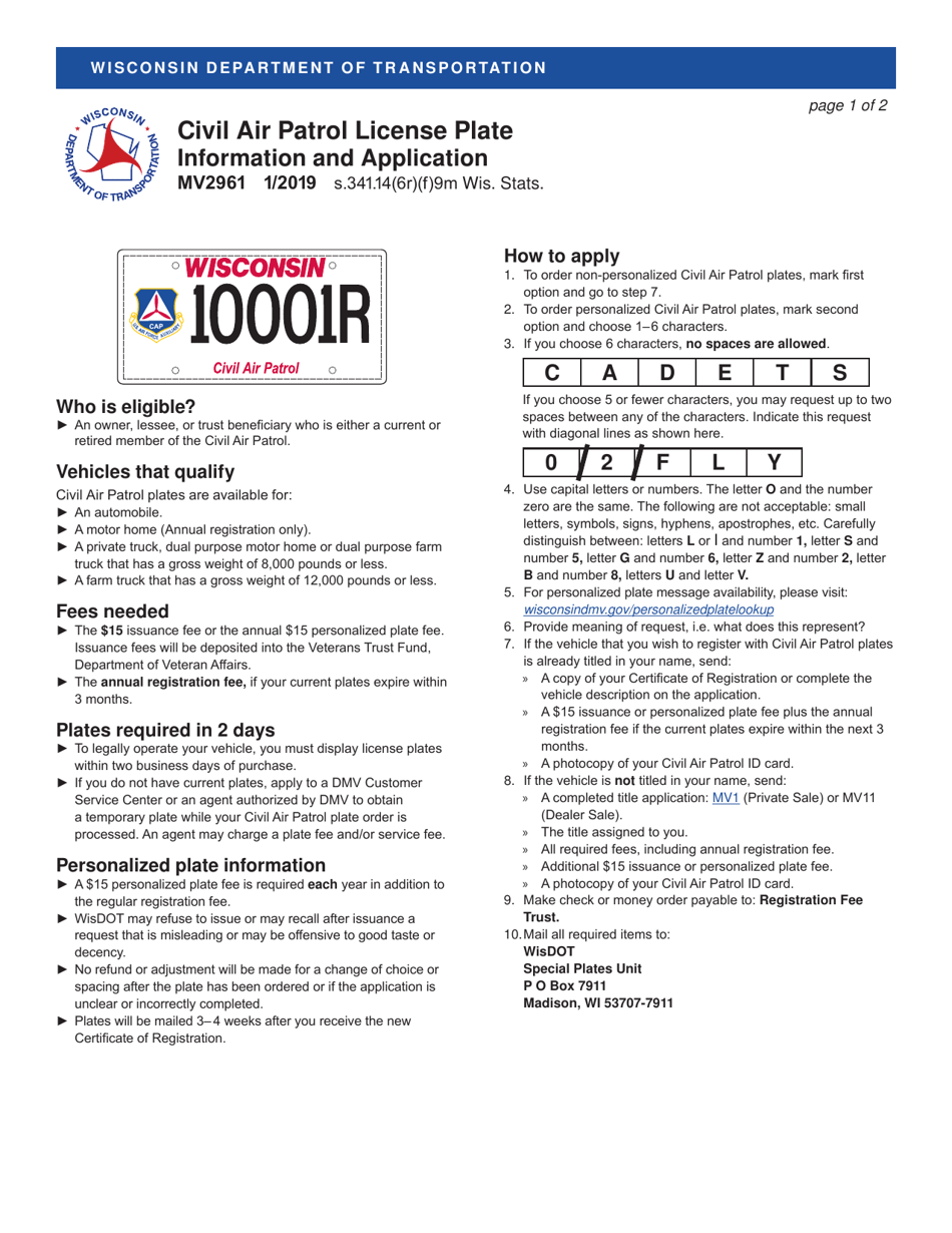 Form MV2961 Civil Air Patrol License Plate Application - Wisconsin, Page 1