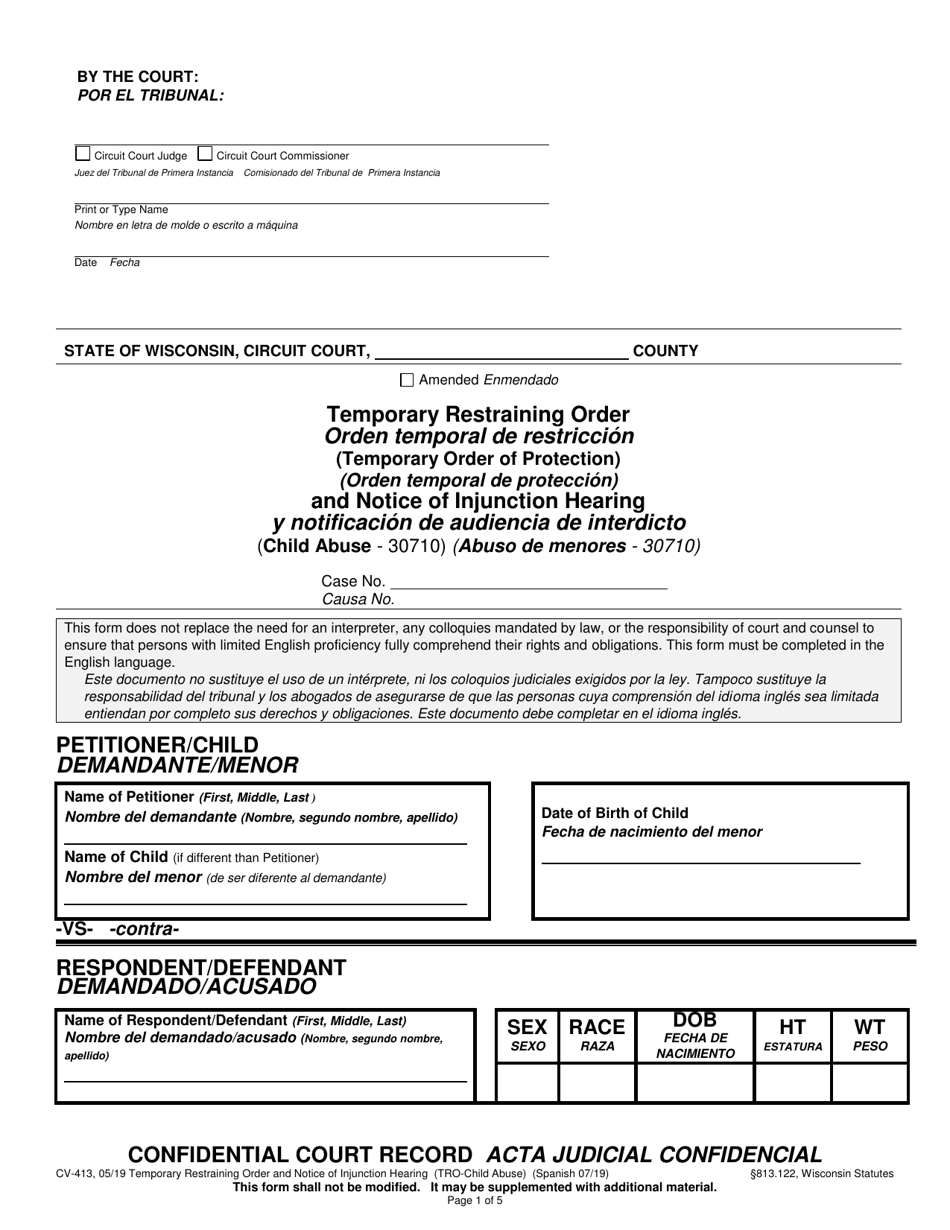 Form CV-413 Temporary Restraining Order and Notice of Injunction Hearing (Child Abuse) - Wisconsin (English / Spanish), Page 1