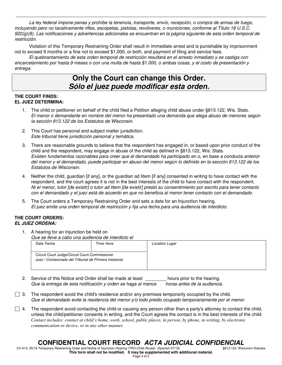 Form CV-413 Temporary Restraining Order and Notice of Injunction Hearing (Child Abuse) - Wisconsin (English / Spanish), Page 3